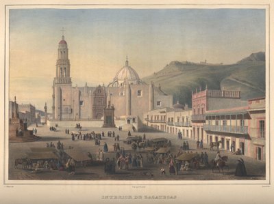 Interno di Zacatecas, veduta di Zacatecas, Zacatecas. Litografia colorata a mano evidenziata con gomma arabica. da Jean Baptiste Arnout